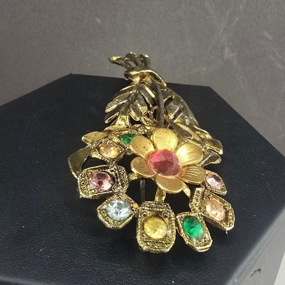 Vintage Estate Flower Bouquet Brooch Gold Tone Multi Color Rhinestone 3.25in
